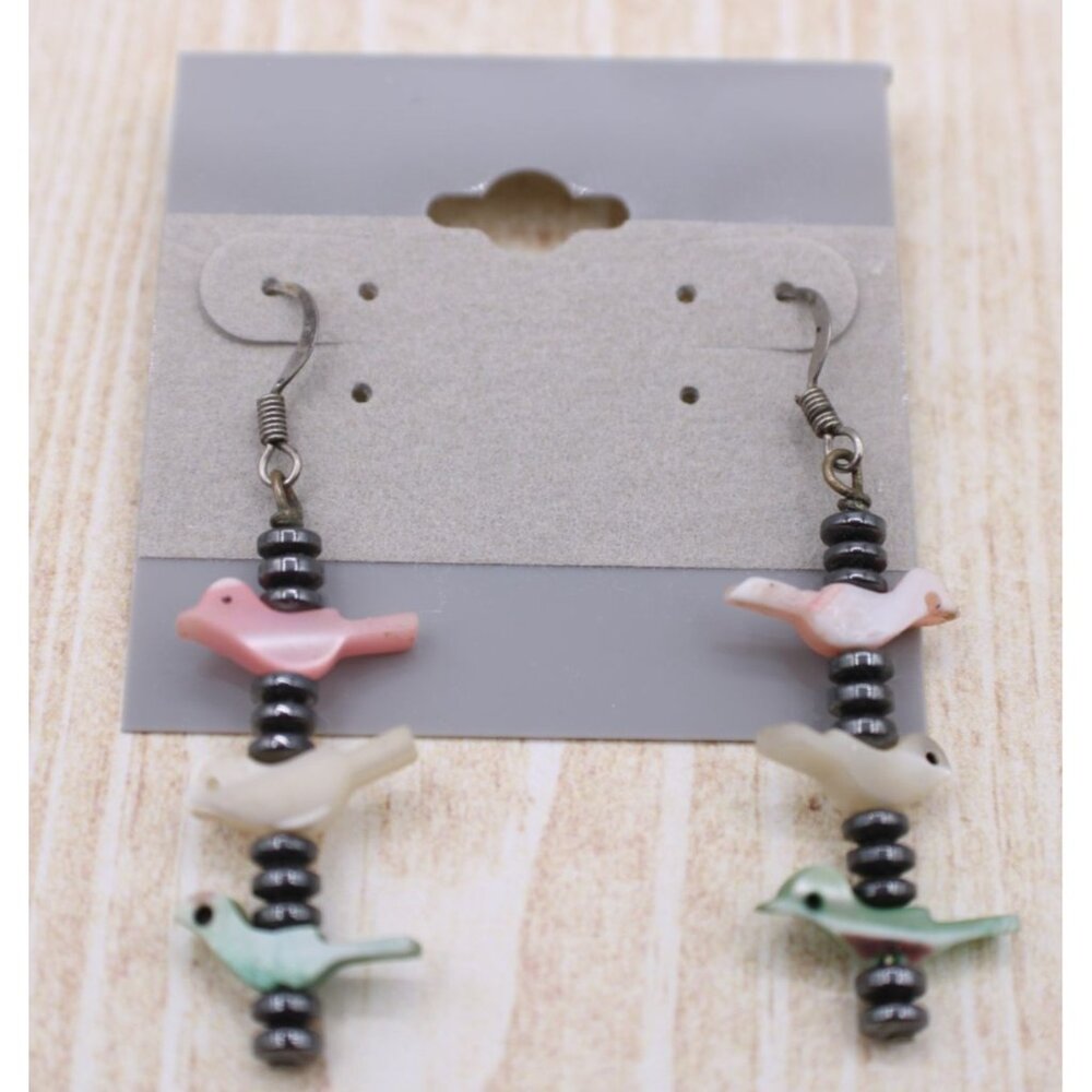 Carved Shell Bird Dangle Earrings Pastels Hematite Beads Zuni Boho Southwest Vtg